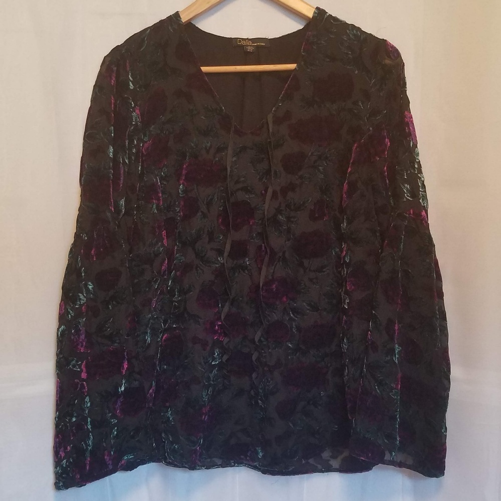 Dalia Sheer Velvet Bell-Sleeve V-Neck Floral Top